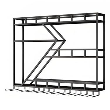 Imagem de Grande rack de vinho de LED montado na parede - Prateleiras de bar de metal industrial com suporte de vidro, exibição de garrafa de licor de ferro flutuante para casa, bar, café (preto com luz azul
