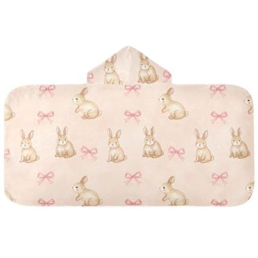 Imagem de Burbuja Toalha de banho com capuz com laço de coelho para crianças, toalha de praia de pelúcia macia absorvente para meninas e meninos 3-10 anos, 61 x 127 cm