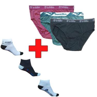 Imagem de Kit 6 Cuecas Slip 100% Algodão Masculino + Kit 6 Pares de Meias Soquet