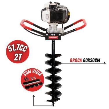 Imagem de Perfurador de Solo á Gasolina Kawashima ED52EBD Motor 2 Tempos 52cc Broca 80x20cm de Duplo Espiral e Lâmina de Vídia Ideal Para Fixação de Estacas