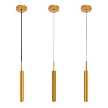 Imagem de Kit 3 Pendentes Luminária Teto Tubo Sala Quarto Dourado 40Cm