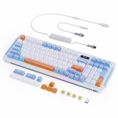 Imagem de ROYALAXE L98: O teclado mecânico sem fio definitivo para uma experiência de digitação superior (Marinho Branco, Blue Switches,RGB,Hot-Swap)