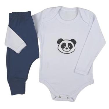 Imagem de Conjunto Body Manga Longa com Bordado/Aplique Panda e Calça Saruel Mijão - Roupa Bebê Menino-Masculino