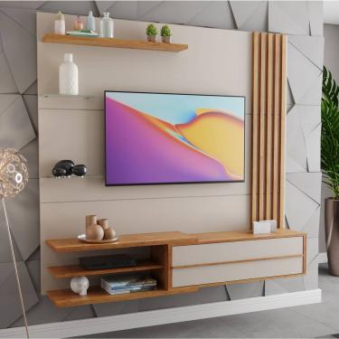 Imagem de Painel para TV até 60 Polegadas Armani com ripado 1 Porta 4 prateleiras Off White/Cobre - Casa Giulia