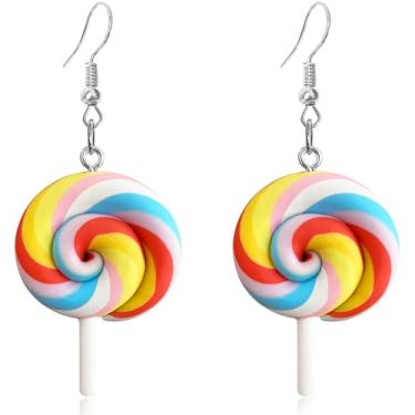 Imagem de JNONL Brincos de gota com pingente de pirulito rotativo e contrastante, adoráveis, personalizados, com desenho colorido, arco-íris, resina para mulheres, joias e presentes, argila de polímero, Sem