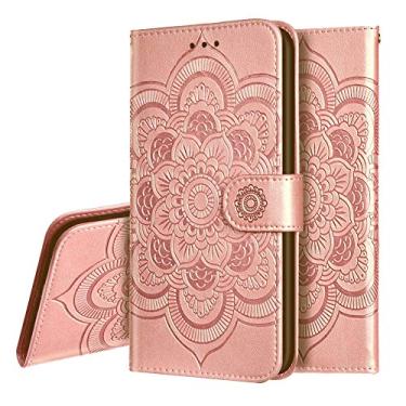 Imagem de OOPKINS Compatível com Samsung A02 capa de couro PU mandala em relevo design capa de telefone flip notebook carteira slot cartão suporte magnético capa para Samsung Galaxy M02 mandala ouro rosa LD