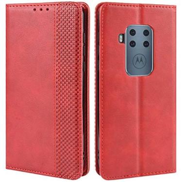 Imagem de Capa para Motorola One Zoom, capa carteira retrô de couro PU à prova de choque com suporte para cartão e fecho magnético para Motorola Moto One Zoom (vermelha)