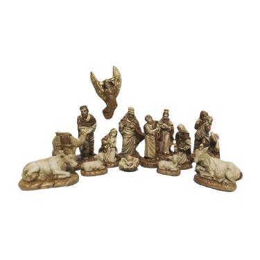 Imagem de Presepio Natalino 14cm Enfeite 15 peças Gesso Marrom Decoração