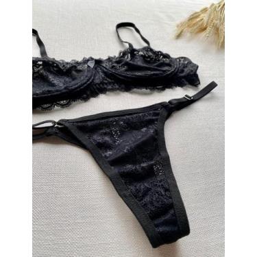 Imagem de Conjunto Calcinha Fio Dental De Renda Gatria Com Sutiã De Renda Sem Bo