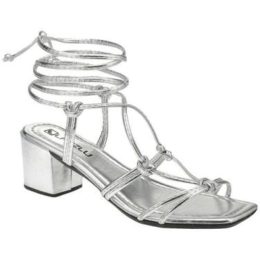 Imagem de Sandália Feminina Salto Grosso Bloco Médio Amarração Lazzlu, Prata, 35