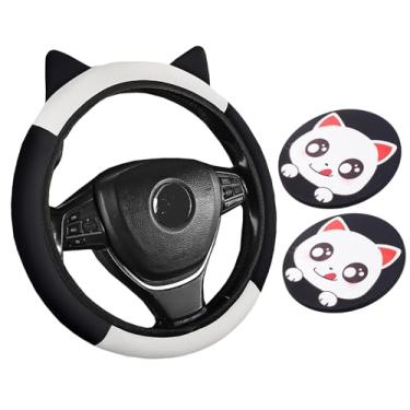 Imagem de Dotesy Conjunto de 3 capas de volante de carro com orelhas de desenho animado, protetor de volante fofo com porta-copos de gato, elástico e antiderrapante, acessórios de carro adoráveis para mulheres
