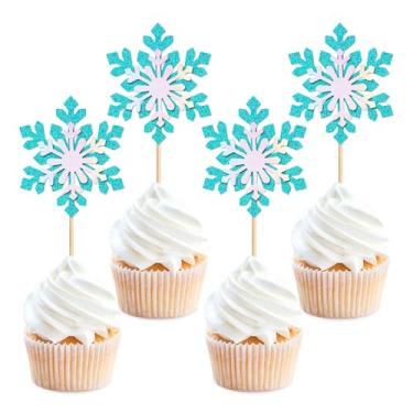 Imagem de Cyodoos 24 PCS Snowflake Cupcake Toppers Glitter Winter Frozen Theme Snowflake Cupcake Picks for Winter Wonderland Baby Shower Kids Birthday Christmas Party Cake Decorations Supplies