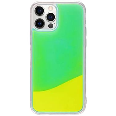 Imagem de Stephanie Imports Capa protetora fluorescente verde e amarela com absorção de choque de areia líquida para iPhone 12 e 12 Pro + protetor de tela de vidro temperado