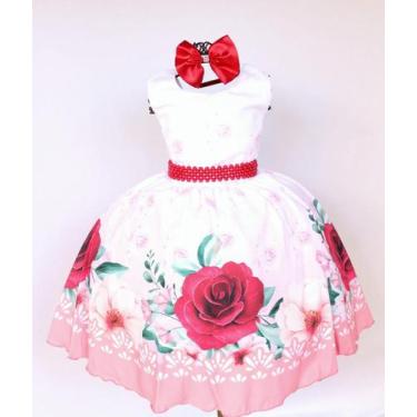 Imagem de Vestido Infantil E Juvenil Floral Rosas Vermelhas Com Tiara - Pingo de