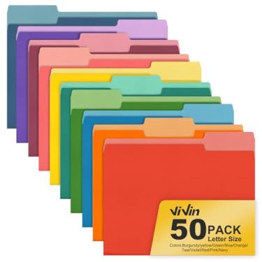 Imagem de ViVin Pasta de arquivo, pacote com 50 pastas de arquivo coloridas com abas de corte de 1/3, serve para papel tamanho carta de 8,5 x 11, pastas Manilla para documentos escolares de escritório em casa