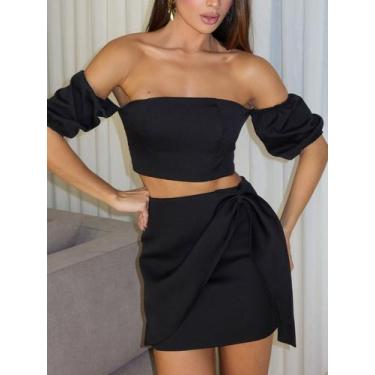 Imagem de Conjunto Feminino de Alfaiataria Saia Envelope e Cropped - LUNII, Pret