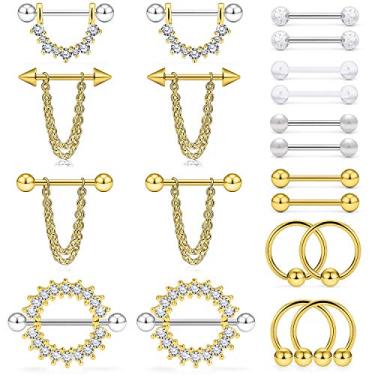 Imagem de Ruifan Piercing para mamilos de aço cirúrgico Anéis de proteção para mamilo Lingueta Barra Piercing Joia Retentor 14G 5/8" Corrente Dangle Clear CZ para mulheres Homens 2 – 20 peças