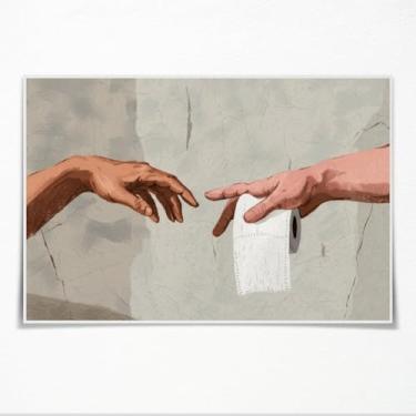 Imagem de Allegroverse Arte de parede de banheiro engraçada vintage humorístico duas mãos passando pôster de papel higiênico peculiar decoração de banheiro sinais de banho pintura em tela maximalista