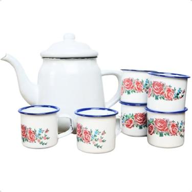 Imagem de Kit Bule Ferro Esmaltado 1L Bico de Ganso com 6 Xícaras 90ml Rústicas (Branco Floral)