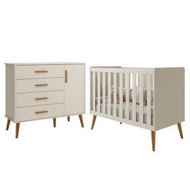 Imagem de Jogo de Quarto Infantil com Berço Americano Isis em MDF Bege com Cômoda 1 Porta 4 Gavetas e Suporte para Mosquiteiro