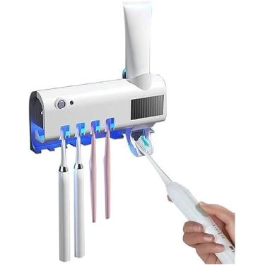 Imagem de Dispenser de Pasta de Dente com Suporte para Escovas e Esterilizador UV Automático – Aplicador Inteligente com Porta Escovas de Parede, Higiene e Organização para Banheiro
