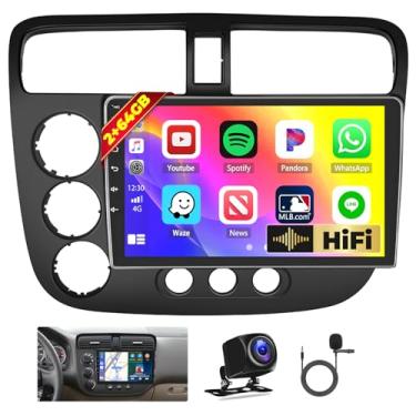 Imagem de Hikity 2 + 64 GB para Honda Civic 2001-2005 Android 13 rádio estéreo para carro com CarPlay e Android Auto, rádio veicular com tela sensível ao toque de 23 cm com navegação GPS AHD e câmera de backup