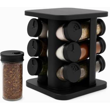 Imagem de Porta Temperos e Condimentos de Vidro com Suporte Giratório Quadrado c/12 Potes de 85ml para Cozinha Preto Casa Buritis