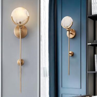 Imagem de WOSBO Arandelas de parede de alabastro 59,9 cm luz de parede moderna meados do século latão discos duplos arandela de mármore natural decoração de parede dourada para sala de estar quarto corredor