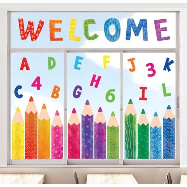Imagem de Whaline 9 folhas de lápis de aquarela de volta às aulas adesivos coloridos letras do alfabeto números, lápis reutilizáveis para o primeiro dia de aula, decoração de sala de aula