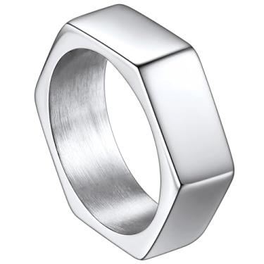 Imagem de ChainsHouse Anel de motociclista com faixa de parafuso para homens e mulheres, metal preto/aço inoxidável banhado a ouro 18K, anel geométrico hexagonal, tamanho 7-14 (com caixa de presente), Metal