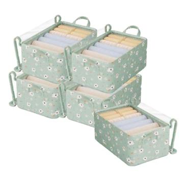 Imagem de Caixa Organizadora com Tampa Transparente e Estampa Floral Verde, Estrutura em Aço Resistente, Tecido Oxford - Ideal para Organizar Roupas, Brinquedos e Mais (Com capa, 5 Peças)
