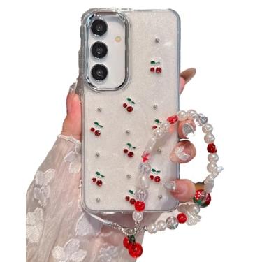 Imagem de Linda capa para Samsung Galaxy S25 e Galaxy S24, capa de telefone com pérolas de cereja vermelha com corrente de pingente de telefone, capa de frutas peroladas para mulheres e meninas projetada à