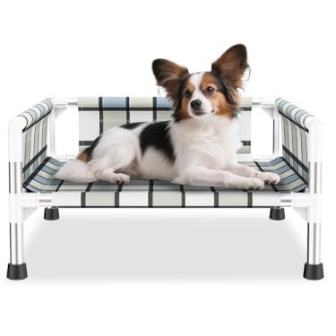 Imagem de Cama elevada elevada para cães ao ar livre – berço lavável e refrescante com corrimão, rede de algodão durável e respirável com estrutura de tubo de aço inoxidável para animais de estimação pequenos