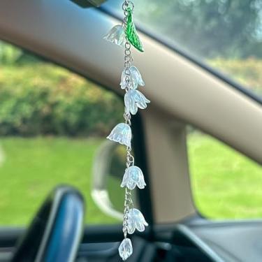 Imagem de CASONA Amuleto de carro de flor, acessório de pendurar espelho retrovisor de carro lírio do vale, decoração de folha de acrílico arco-íris, enfeite fofo presente para mulheres