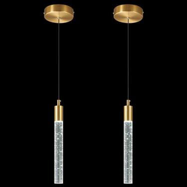 Imagem de zhllmq Luminária pendente de ilha de cozinha moderna, regulável, LED, acabamento em latão dourado, mini iluminação pendente de cristal para quarto mesa de cabeceira pequenas luzes pendentes (pacote
