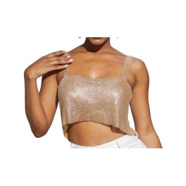 Imagem de B0403-Blusa Top Cropped Strass Pedraria Brilho Prateado Dourado Preto 
