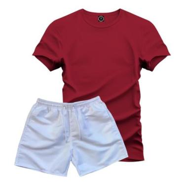 Imagem de Conjunto Camiseta 100% Algodão Lisa + Short Tactel Branco - Hs, Bordô,