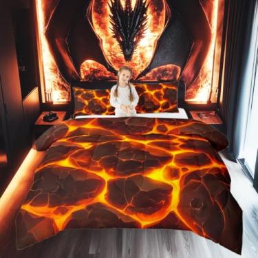 Imagem de Conjunto de edredom infantil com chama e arte abstrata, geométrico, para decoração de quarto, capa de edredom macia de microfibra escovada e magma, tamanho casal, 3 peças com 2 fronhas