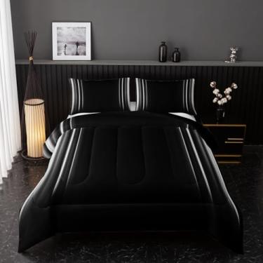 Imagem de Conjunto de cama solteiro branco e preto, abstrato, ombré, conjunto de cama para meninos adolescentes, 3 peças em um saco, conjunto de colcha escura, decoração de arte leve, todas as estações com