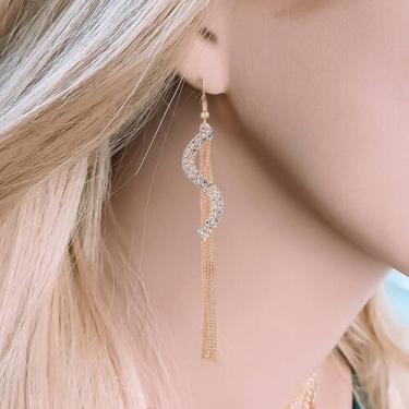 Imagem de Brinco Festa Feminino Strass Longo Pedra Delicado Franja S - anjo da m