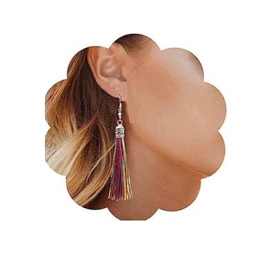 Imagem de Aneneiceera Brincos de borla coloridos Boho brincos pendentes leves e longos brincos de borla sedosa, brincos de franja e borla, joias femininas, Metal, Sem pedra preciosa