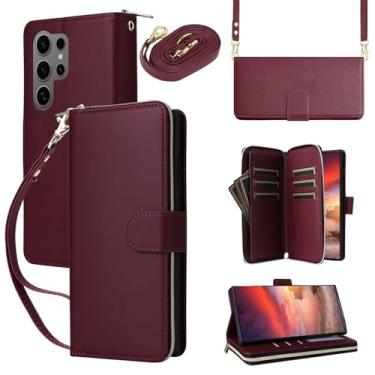 Imagem de Capa carteira para Samsung Galaxy S24 Ultra com cordão ajustável e alça de pulso - Couro sintético durável e TPU, 9 compartimentos para cartão, fecho magnético, suporte, capa de proteção total à prova