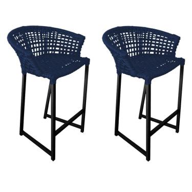 Imagem de Kit 2 Banquetas Reis Em Corda Náutica E Base Em Alumínio Preta Para área Gourmet Azul Marinho Azul
