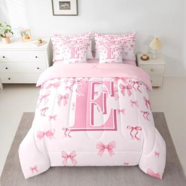 Imagem de jejeloiu Conjunto de edredom com laço rosa para meninas, 7 peças, solteiro, para crianças, meninos, meninas, letra E, cama em uma bolsa, monograma, laço coquete, microfibra leve e macia