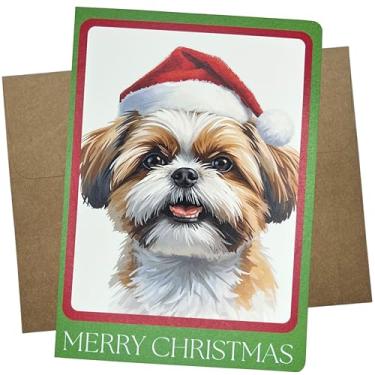 Imagem de Whitman and Daughter Cartão de Natal premium Shih Tzu, 1351 cm, envelope kraft, papel branco pesado, feito nos EUA, design de retrato de animal de estimação de férias - 1351