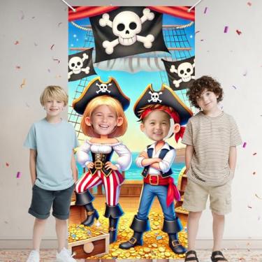 Imagem de HOMETITUTE Banner de porta com foto de pirata, pano de fundo de pirata, moedas douradas, baú do tesouro, crânio, ossos cruzados, aventura, festa de aniversário, decoração infantil, tema de fundo