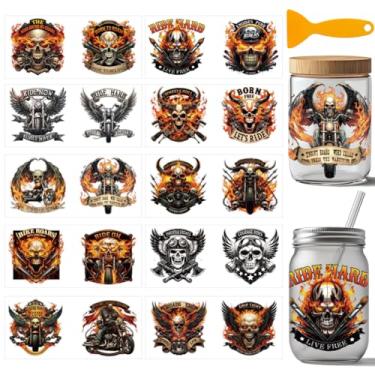 Imagem de arricraft 10 adesivos de transferência de copo de PVC com tema de esqueleto de motocicleta, adesivo de copo à prova d'água UV com estampa de caveira flamejante para vidros de 473 ml, decoração de