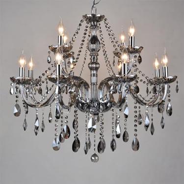 Imagem de Lustre europeu de luxo com cristais prateados e acabamento cinza fumê para sala de estar, restaurante, quarto, villa, hotel, restaurante ocidental, loja de roupas, salão de beleza e karaokê