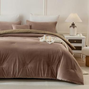 Imagem de Merryword Conjunto de edredom de veludo cáqui, tamanho Queen, cor acastanhado, macio, felpudo, quente, flanela, cobertor, feminino, meninas, marrom mocha