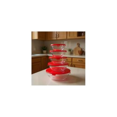 Imagem de Conjunto de 5 Potes Redondos de Vidro com Tampa Vermelha, Capacidades 135ml a 1000ml, Material Vidro e Plástico, Empilháveis, para Armazenamento de Alimentos